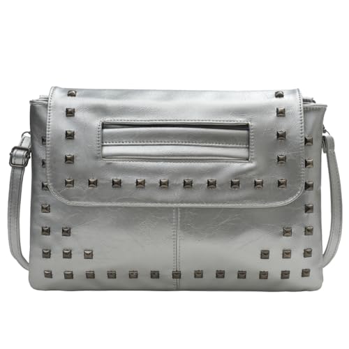 Fehploh Einfache Clutch-Handtasche for Damen, große Kapazität, Nieten, lässige Umhängetasche, abnehmbarer Riemen, luxuriöse Umhängetasche, Damen-Pendeltasche (Silber) von Fehploh