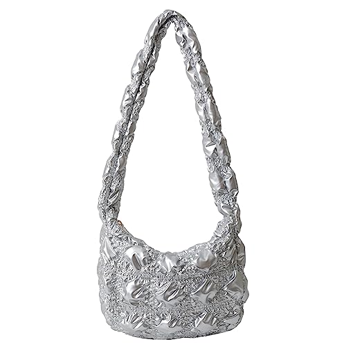 Fehploh Einfache Damen-Pendeltasche, Nylon, gepolsterte Unterarmtaschen, gesteppt, lässiges Design, Hobo, elegante kleine Shopper-Geldbörsen (Silber) von Fehploh