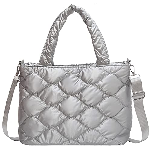 Fehploh Einfarbige Nylon-Baumwoll-gepolsterte Tasche mit Tragegriff oben, lässiger Reißverschluss, Damen-Umhängetasche, Wintermode, gesteppte Winter-Tragetasche (Silber) von Fehploh