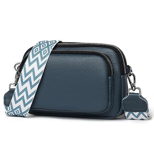 Fehploh Elegante, einfache Umhängetasche, großes Fassungsvermögen, echtes Leder, Damen-Handtasche mit Reißverschluss, breiter verstellbarer Riemen, modische Geldbörse mit 2 Riemen (blau) von Fehploh