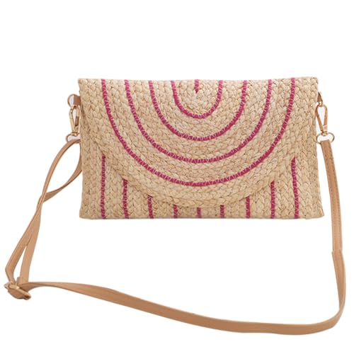 Fehploh Gewebte Schultertasche mit verstellbarem Riemen, Urlaub, Reisen, Handtasche, Klappe, Sommer, Strand, Umschlag, Geldbörse, Strohtasche for Damen und Mädchen (Rosa) von Fehploh