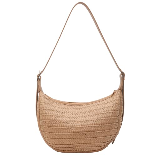 Fehploh Gewebte Strohtasche, große, trendige Hobo-Tasche mit Reißverschluss, Schultertasche, Urlaubsreise-Handtasche, Halbmondtasche for Damen und Mädchen (Khaki-Stil 1) von Fehploh