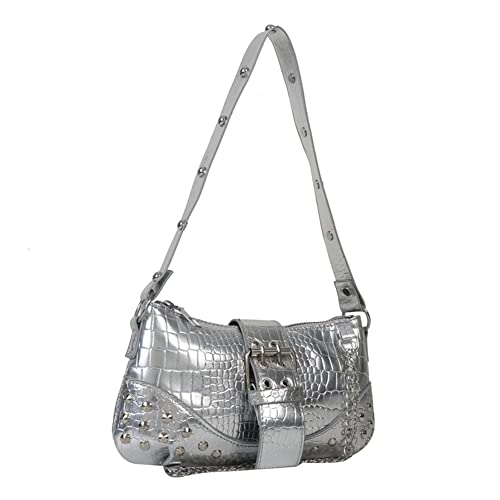 Fehploh Gothic-Punk-Tasche, cooler Stil, trendige -Mädchen-Handtasche, Y2K-Nietenkette, Damen-Umhängetasche for Reisen, Urlaub, Alltag (Silber) von Fehploh