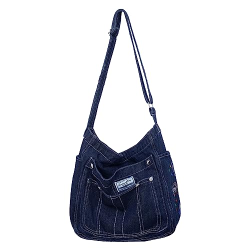 Fehploh Große Kapazität Damen Freizeit Crossbody Bag Denim Damen Schultertaschen Multi-Pocket Mode Einfach für Wochenendurlaub, dunkelblau, 35*32*14cm/13.77*12.59*5.51inch von Fehploh