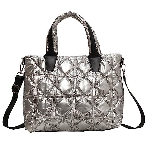 Fehploh Lässige Handtasche mit großem Fassungsvermögen, weiches, einfarbiges Nylon, leichte Damen-gesteppte Hobo-Handtasche for Reisen, Arbeit, Shopper (Silber) von Fehploh