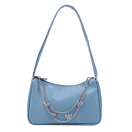 Fehploh Modische Damen-Geldbörse, langlebige Schulter- und Unterarmtasche, Damen-Vintage-Schmetterlingskette, reine Farbe, Reißverschluss-Handtasche für den Außenbereich (blau) von Fehploh
