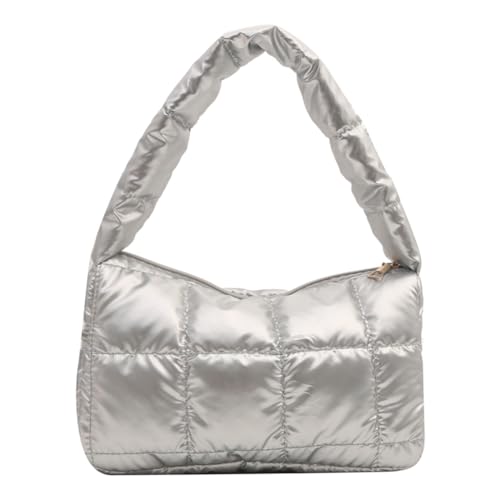 Fehploh Modische Damen-Hobo-Tasche, gepolstert, großes Fassungsvermögen, PU, gesteppt, Gitter, einfarbig, weicher Griff, Silber-Quadratisch, 245.00x150.00x95.00mm/9.65x5.91x3.74inch von Fehploh