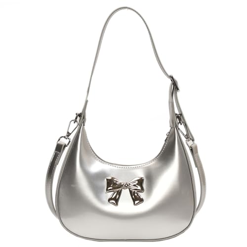 Fehploh Modische Halbmond-Tasche für Damen, PU-Leder, glänzend, Unterarmtasche, verstellbarer Riemen, einfache Umhängetasche, Halbmond-Tasche, silber, 210.00x180.00x60.00mm/8.27x7.09x2.36inch von Fehploh