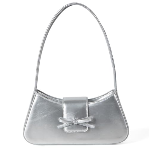 Fehploh Modische Handtasche aus PU-Leder for jeden Tag, süße Schleife mit Reißverschluss, Clutch-Geldbörse, trendige Unterarmtasche for Damen und Mädchen (Silber) von Fehploh