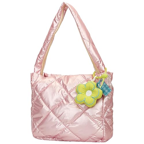 Fehploh Modische Hobo-Tasche for Damen, breiter Riemen, gesteppter Griff oben, große Kapazität, leichte Einkaufstasche mit Anhänger (Rosa) von Fehploh