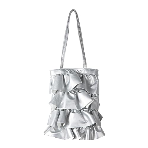 Fehploh PU-Leder-Rüschentasche, einfarbig, gerüschte Handtasche, Damen-Umhängetasche, große Kapazität, Damen-Freizeithandtasche (Silber) von Fehploh