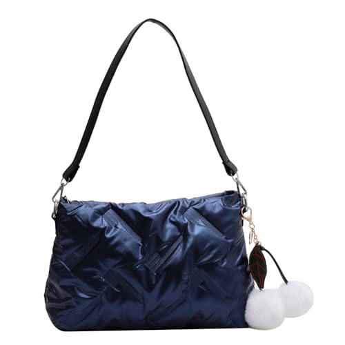 Fehploh Puffy Daunenhandtasche mit Bommeln, gepolsterte Umhängetasche, Damen-Puffer-Einkaufstasche, leicht, großes Fassungsvermögen, vielseitige Winter-Pendeltasche (blau) von Fehploh