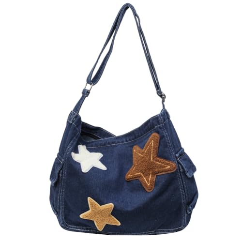 Fehploh Star Denim, trendige Umhängetasche, großes Fassungsvermögen, modische Handtasche mit Reißverschluss, verstellbarer Riemen, Alltagsgeldbörse, mehrere Taschen for Damen (Dunkelblau) von Fehploh