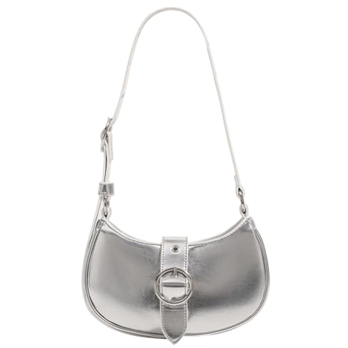 Fehploh Stilvolle Punk-Achseltasche for Damen, einfarbig, PU-Leder, einfache Umhängetasche, verstellbarer Riemen, trendige Handtasche for Reisen, Urlaub (Silber) von Fehploh