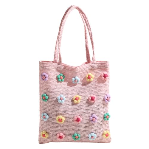 Fehploh Strandtasche aus Stroh mit süßer, groß, handgewebt, lässige Tragetasche, Urlaubstasche, Urlaubsreise-Handtasche for Damen und Mädchen (Rosa) von Fehploh