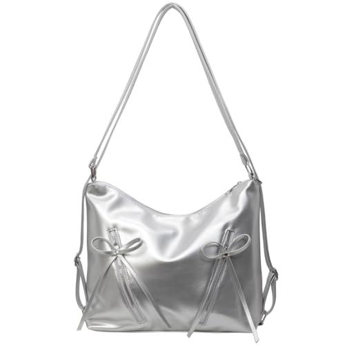 Fehploh Süße Schultertasche mit Schleife, PU-Leder, Unterarmtasche, Designer-Tragetasche, einfarbig, Rucksack, Umhängetasche für Damen, silber, 13.39*9.45*4.33inch von Fehploh