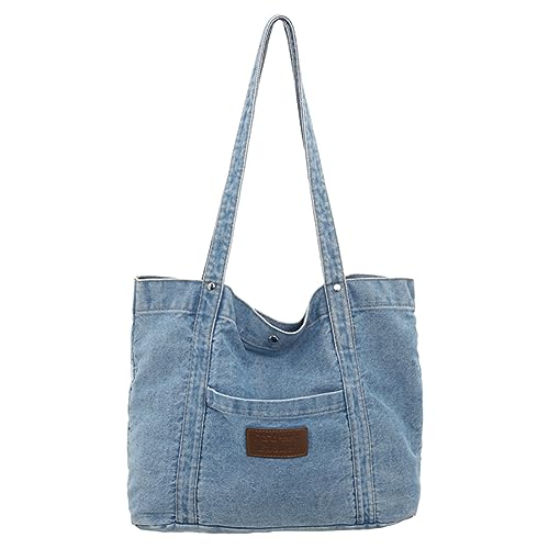 Fehploh Vielseitige Denim-Einkaufstasche mit großer Kapazität, einfarbig, für Damen, Alltag, Pendeln, Retro-Tragetasche, hellblau, 440.00x310.00x100.00mm/17.32x12.2x3.94inch von Fehploh