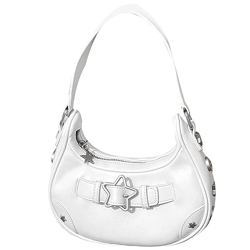 Fehploh Y2K Damen Unterarmtasche Vintage Schulter Reißverschluss Stern Dekor Geschenk für Mädchen Damen Geldbörse Tragetasche, weiß, 21.5x11x5.7cm/8.46x4.33x2.24in von Fehploh