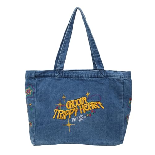 Fehploh bestickte modische Handtasche, Retro-Reise-Shopper, ästhetische Hobo-Tasche, Denim-Tragetasche, große Kapazität for Damen und Mädchen (blau) von Fehploh