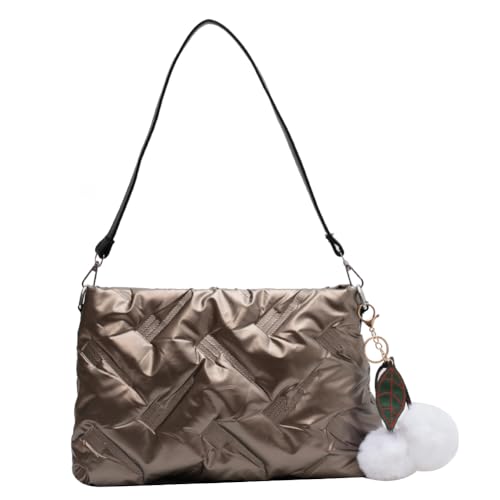 Fehploh gepolsterte Umhängetasche für Damen, flauschige Daunenhandtasche mit Pompons, flauschige Umhängetasche, leicht, großes Fassungsvermögen, vielseitige Winter-Einkaufstasche (Champagne von Fehploh