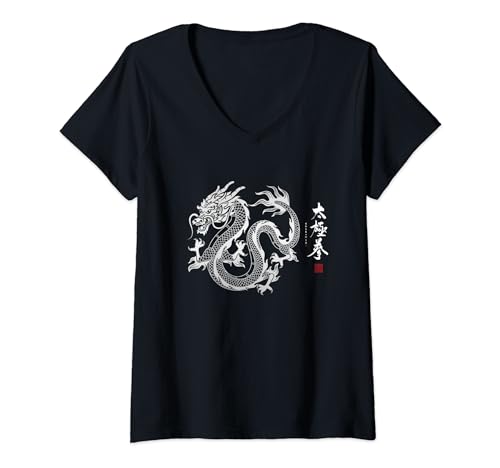 Damen Silver Dragon Tai Chi Kung Fu T-Shirt mit V-Ausschnitt Damen Silver Dragon Tai Chi Kung Fu T-Shirt mit V-Ausschnitt von Fei Long Design Hub