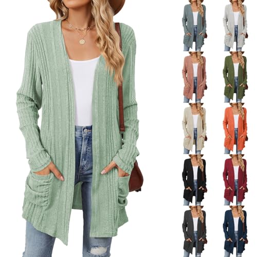 Damenbekleidung Strickjacke Damen Lang Jacke Sommer Einfarbig Langarm Cardigan Herbst Open Front Sweater Strickcardigan Mit Taschen Strickmantel von FeiBeauty
