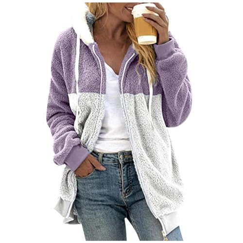 FeiBeauty Fleecepullover Damen Kapuzenpullover Für Einfarbig Patchwork Plüschjacke Mit Kapuze Herbst Winter Warm Hoodie Jacke Elegant Flauschig Wintermantel von FeiBeauty