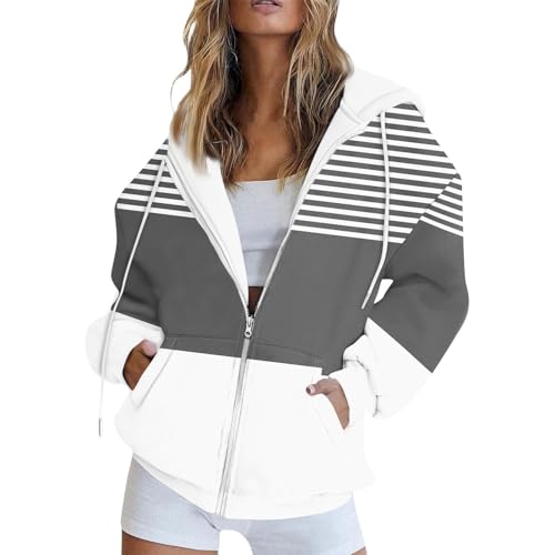 FeiBeauty Hoodie Damen Oversize Sommerjacke Leicht Gestreiftes Langarm Sweatshirt Jacke Mit Kapuze Casual Basic Full Zip Kapuzenjacke von FeiBeauty
