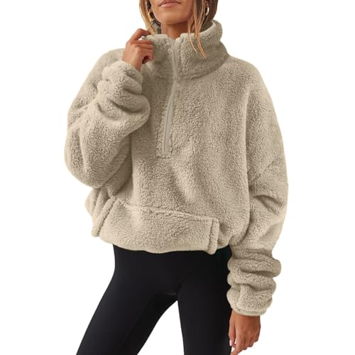 FeiBeauty Jacke Damen Kuscheljacke Warm Langarm Pullover Mit Tasche Elegant Stehkragen Sweatjacke Reißverschluss Teddy Fleece Wintermantel von FeiBeauty