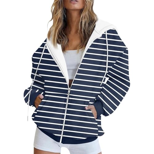 FeiBeauty Jacke Damen Sommer Laufjacke Gestreiftes Langarm Sweatshirt Mit Kapuze Casual Basic Full Zip Kapuzenjacke Dünne Zipper von FeiBeauty