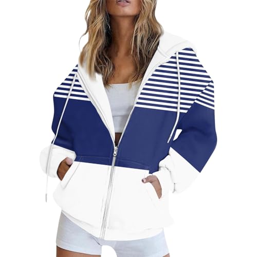 FeiBeauty Pullover Damen Sportjacke Gestreiftes Langarm Sweatshirt Jacke Mit Kapuze Casual Basic Full Zip Kapuzenjacke Sweatjacke Sommer von FeiBeauty