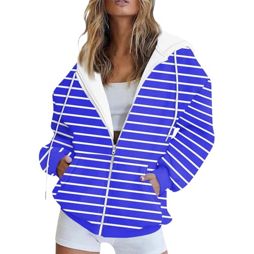 FeiBeauty Sommerjacke Damen Leicht Oversize Pullover Gestreiftes Langarm Sweatshirt Jacke Mit Kapuze Casual Basic Full Zip Kapuzenjacke von FeiBeauty
