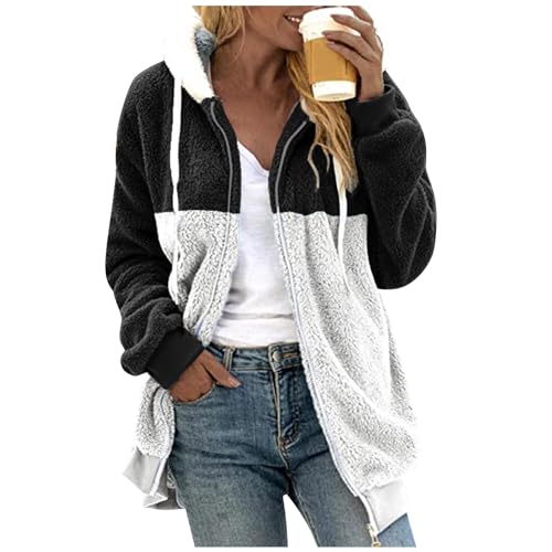 FeiBeauty Winterjacke Damen Teddy Jacken Und - Einfarbig Patchwork Plüschjacke Mit Kapuze Herbst Winter Warm Hoodie Jacke Elegant Flauschig Womens von FeiBeauty