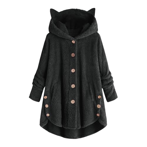 Fleecejacke Damen Lang Hoodies Für Farbblock Fleece Mantel Mit Knopf Kuscheljacke Oversize Plüschjacke Kapuze Teddyjacke Lange Jacke von FeiBeauty