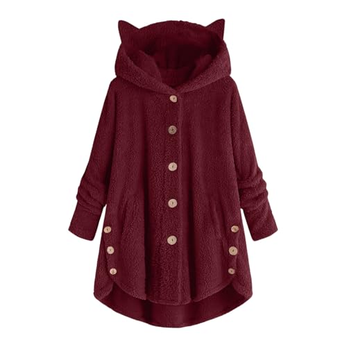 Fleecepullover Damen Teddy Jacke Farbblock Fleece Mantel Mit Knopf Kuscheljacke Oversize Plüschjacke Kapuze Teddyjacke von FeiBeauty