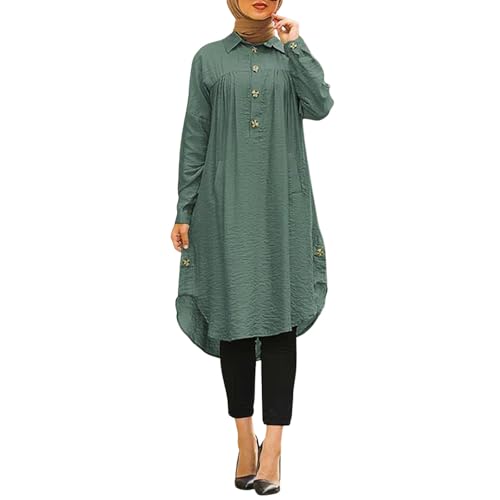 Gebetskleidung Für Frauen Vintage Muslim Kleidung Button Down Revers Langarm Knielang Kleid Casual Einfarbig Hemdkleid Türkisch Muslimische Gebetskleid Naher Osten Dubai Arab Islamischer Sommerkleid von FeiBeauty