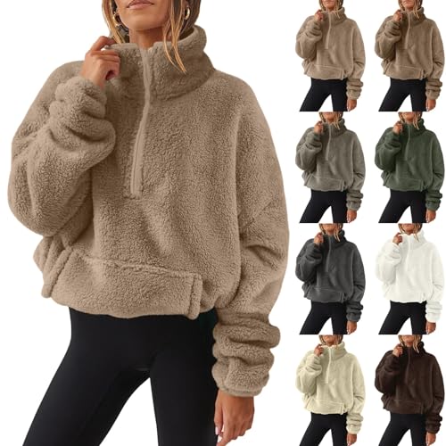 Jacken Damen Pullover Winter Warm Langarm Mit Tasche Elegant Stehkragen Sweatjacke Reißverschluss Teddy Fleece Lange Jacke von FeiBeauty