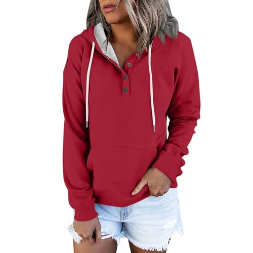 Kapuzenpullover Für Damen Sweatjacke Elegant Einfarbig Knöpfen Pullover Mit Kapuze Freizeit Henley Hoodie Sweatshirt Langarmshirt Mädchen Oversize von FeiBeauty