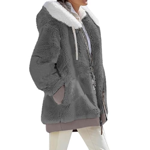 Kuschelpullover Damen Einfarbig Langarm Kapuzenjacke Mit Reißverschluss Herbst Winter Teddyjacke Taschen Fleece Jacke von FeiBeauty