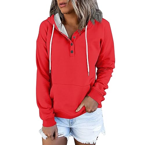 Pullover Damen Elegant Einfarbig Knöpfen Mit Kapuze Freizeit Henley Hoodie Sweatshirt Oversize Strickjacke von FeiBeauty