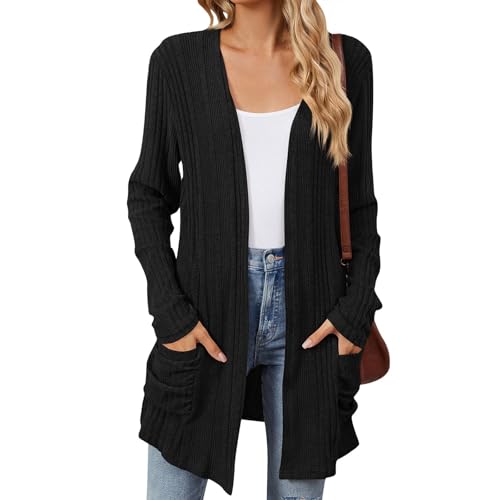 Strickjacke Damen Lang Sommerjacke Einfarbig Langarm Cardigan Herbst Open Front Sweater Strickcardigan Mit Taschen Große Größen von FeiBeauty