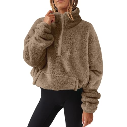 Übergangsjacke Damen Sweatjacke Gefüttert Warm Langarm Pullover Mit Tasche Elegant Stehkragen Reißverschluss Teddy Fleece von FeiBeauty