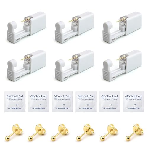 6 Stück Ohrlochstechpistole, Einweg-Steril-Ohrnasen-Piercing-Set Schmerzfrei-Selbst-Piercing-Werkzeug für Mädchen, Frauen, Männer (Gold) von FeiOne