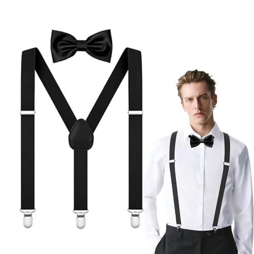2er Set Herren Hosenträger, Schwarze Fliege Herren, Y-förmiger Schmaler mit Starken Clips Hosenträger Elastisch und Verstellbar Im mit farblich passender Fliege 12 x 6 CM, Einheitsgröße von FeiOne