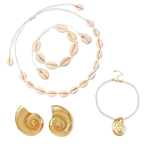 4 Stück Muschel Halskette Armband, muschelkette damen, Muschelohrringe Natürliche Muschelketten, Und Strand Elegante Muschel Kette Für Damen Im Strandlook, Muschel Schmuck Für Den Perfekten Sommerstil von FeiOne