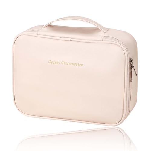 FeiOne Kosmetiktasche, Groß Kapazität Kosmetiktasche Reise, Damen Reise Schminktasche, Make up Tasche, PU-Leder Wasserdicht Kosmetiktasche, Für Damen und Mädchen (Beige) von FeiOne