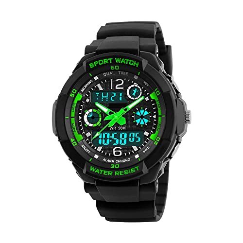 FeiWen Damen Analog Quarz LED Digitales Doppelte Zeit Uhren Outdoor Multifunktional 50M Wasserdicht Sport Militär Plastik Uhren mit Kautschuk Band LCD Licht Doppelte Zeit Armbanduhren von FeiWen