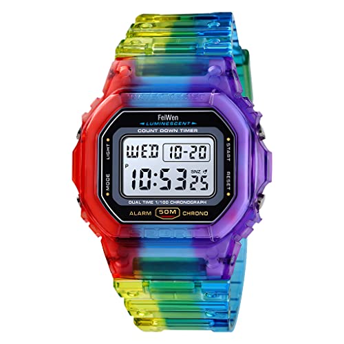 FeiWen Damen Fashion Sport Uhren Outdoor Wasserdicht Multifunktional Plastik Digital Armbanduhren mit Kautschuk Band Elektronik Stoppuhr Countdown Doppel Zeit (Farbe) von FeiWen