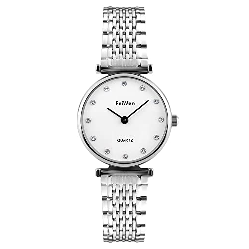 FeiWen Damen Fashion Uhren Elegant Analog Quarz Ultradünn 6mm Wählscheiben mit Edelstahlband Casual Armbanduhren Minimalismus Stil, Silber von FeiWen