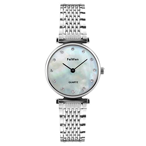 FeiWen Damen Fashion Uhren Silber Elegant Analog Quarz Ultradünn 6mm Wählscheiben mit Edelstahlband Casual Armbanduhren Minimalismus Stil Shell Maßstab von FeiWen